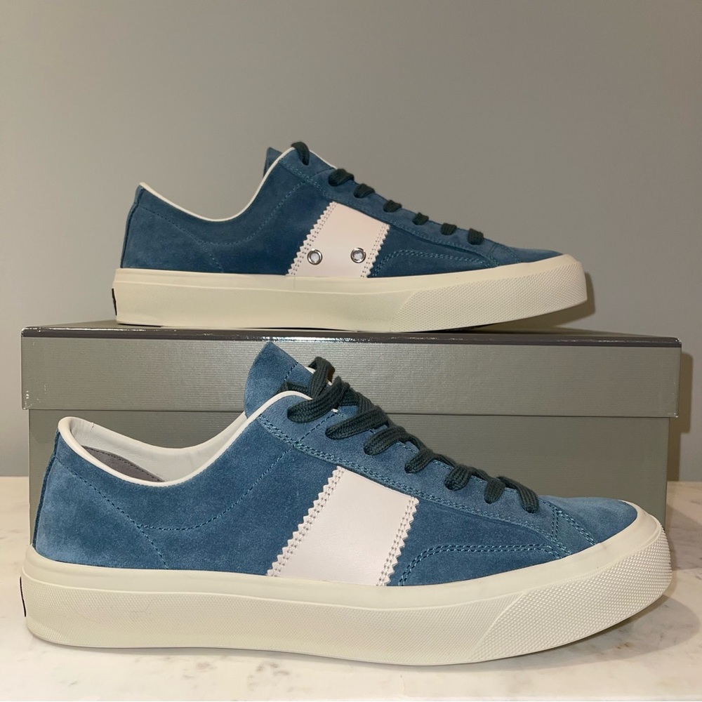 Tom Ford Teal and Cream Suede Cambridge Sneakers 10